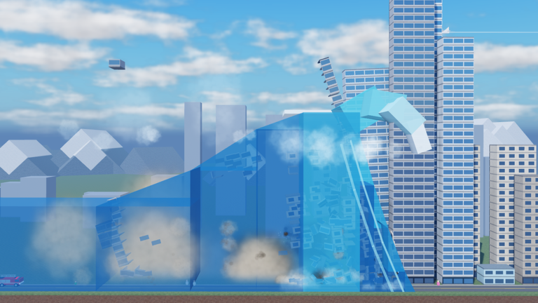 Official artwork showing a large blue wave passing through a city skyline